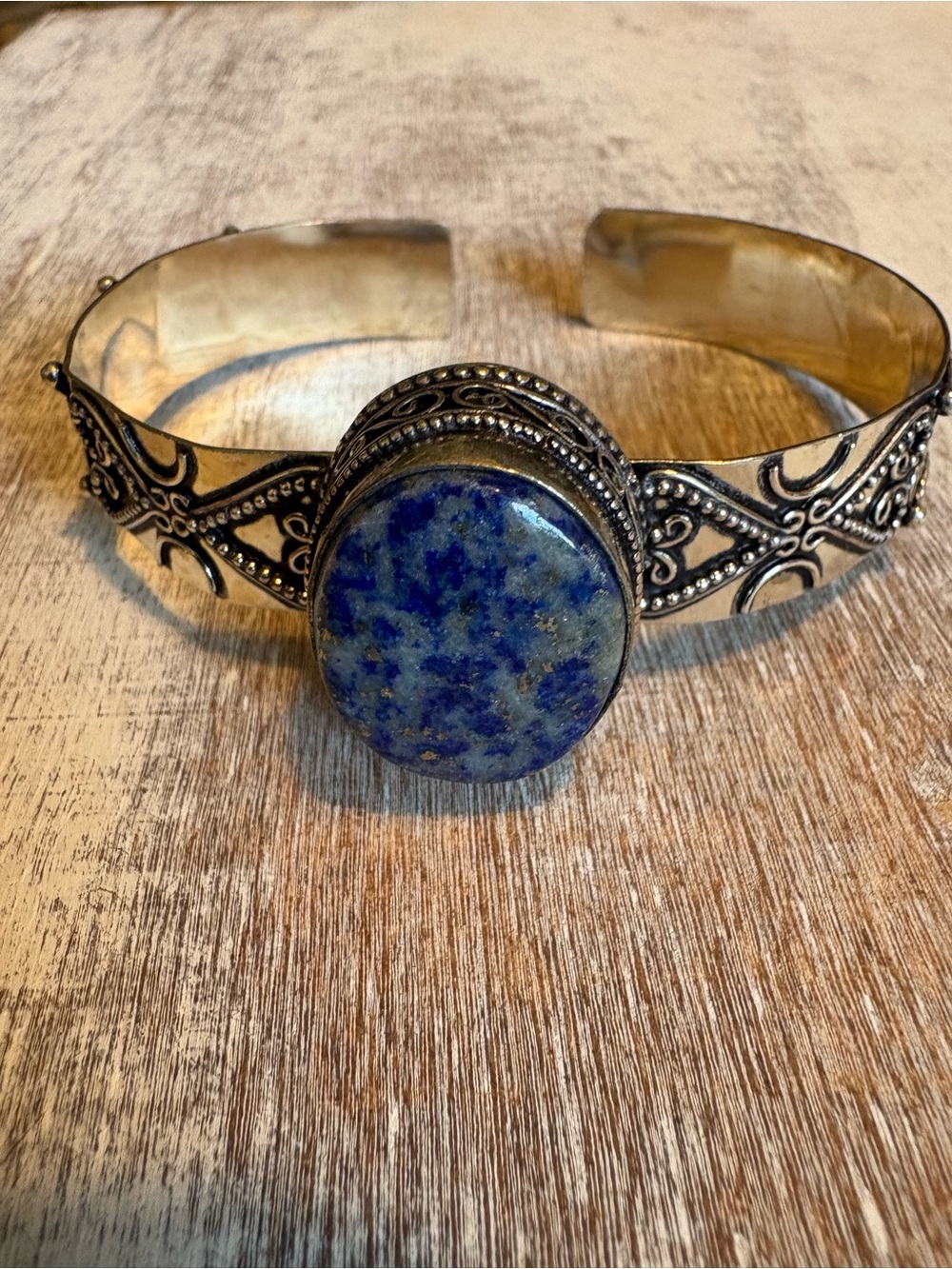 Handmade Artisan Silver Statement Cuff Bracelet Blue Jasper Natural Stone